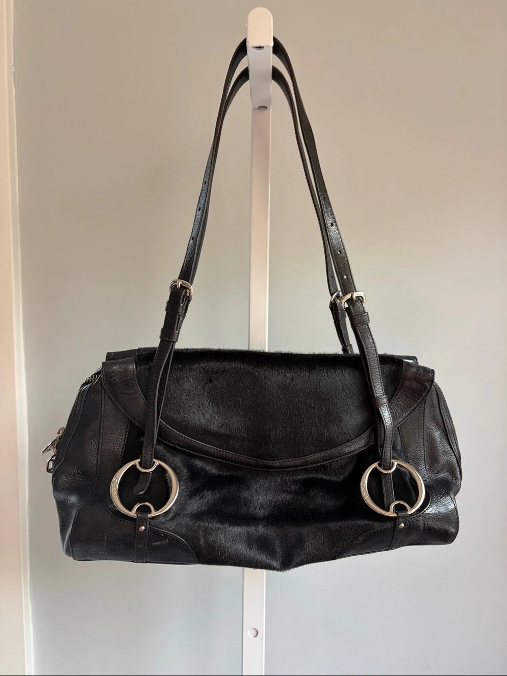 DKNY Y2K Black Leather & Haircalf Shoulder Bag